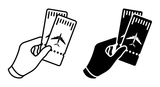 Linear icon. Hand holds purchased airline tickets. Simple black and white vector isolated on white background