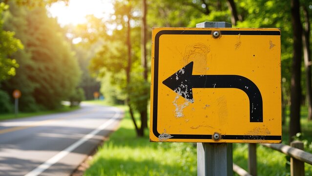 Yellow and black road sign indicating a right turn ahead.