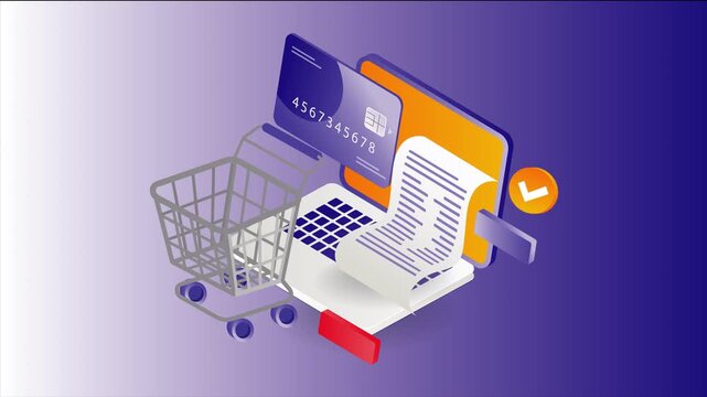 Online shopping cart with laptop and credit card on purple background showing delivery confirmation