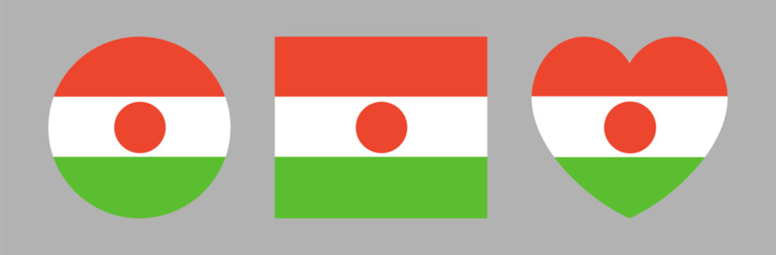  Flag of Niger button, sticker set. Flag round, rectangular, heart icon, badge. Circle, rectangle, heart banner, background national Niger flag.