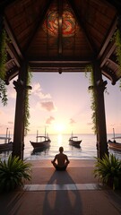 Fototapeta premium A person meditating at the end of a pier during a picturesque sunset, with boats in the distance and lush greenery.