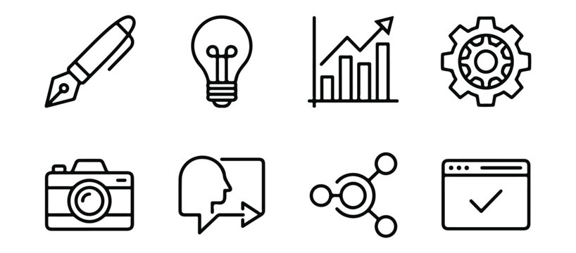 set of business and technology icons, including pen, lightbulb, graph, gear, camera, speech bubble, molecule, and browser