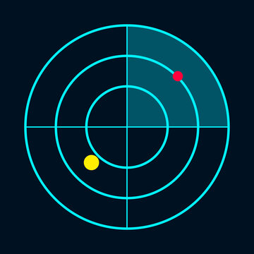 Modern circular radar interface displaying concentric rings and colored target blips on dark navy illustration