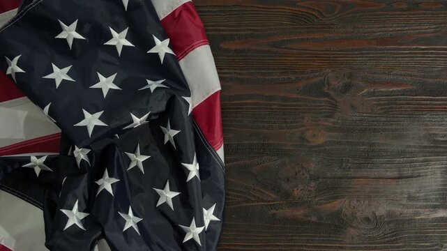 American flag on wooden brown rustic background with copyspace