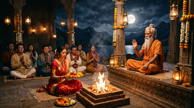 Guru Purnima Celebration with Ancient Sage and Devotees Performing Yagna in Full Moonlight &ndash; Spiritual Guidance and Blessing