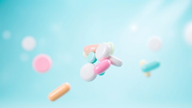 Different colored pills floating and falling against a light blue sky background.