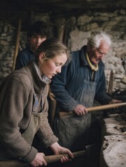 Fototapeta premium Three generations of a family demonstrating traditional woodworking techniques in a rustic workshop, with a young girl learning the craft from her grandfather and father