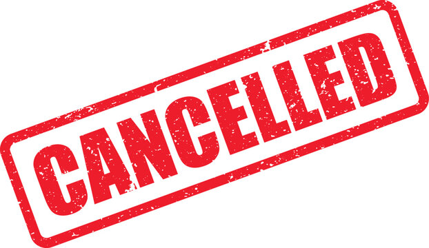 Red rubber stamp impression reading cancelled isolated on a plain white background