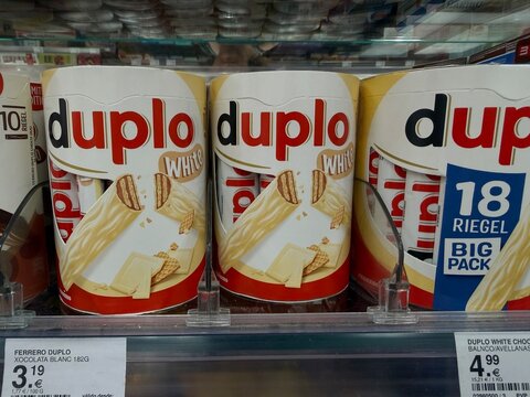 Palma, spain, may 2, 2026, duplo white chocolate wafer bars on store shelf, displaying sweets for sale in a supermarket aisle
