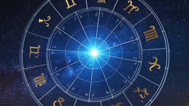 A celestial illustration of zodiac signs against a starry, dark night sky