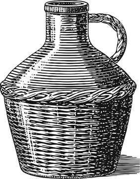 Vintage wicker covered demijohn jug with handle, hand drawn rustic container illustration