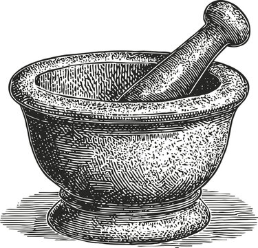 Vintage mortar and pestle illustration hand drawn grinding bowl and tool for crushing spices and herbs