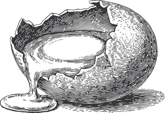 Cracked egg with flowing yolk and egg white detailed vintage engraving illustration