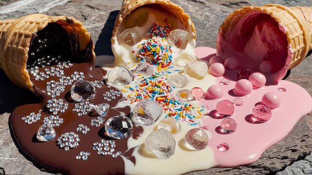 Melted ice cream cones with colorful toppings and sprinkles. Vibrant dessert creation spills on stone surface. Fun atmosphere for summer celebrations and events.