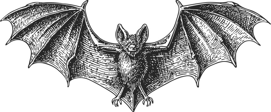 Vintage illustration of a bat with outstretched wings, detailed black and white engraving