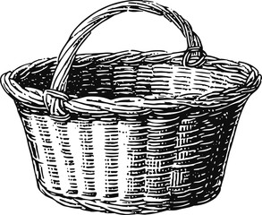 Obraz premium Classic woven wicker basket with sturdy handle, vintage detailed illustration of empty container