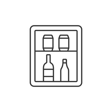 Mini bar linear icon. Small refrigerator in hotel room or cruise ship stateroom. Thin line customizable illustration. Contour symbol. Vector isolated outline drawing. Editable stroke