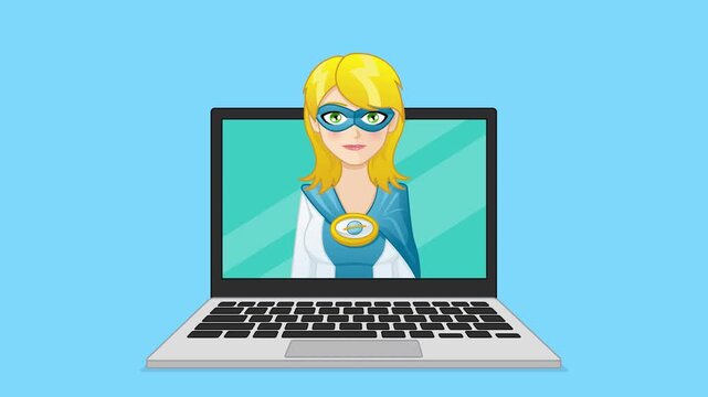 Animation of a superheroine appearing on a laptop screen. The blonde superheroine, caped, wears a blue and white outfit and a blue mask. She speaks in an easy-to-edit loop.