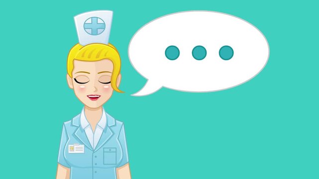Animation of a speaking nurse. A blonde nurse with a speech bubble. The nurse speaks. The animation is in an easily editable loop.