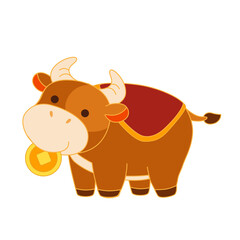 Naklejka premium Cow grip Chinese golden coin in the mouth showing blessing