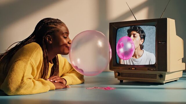 Young girl blowing bubblegum in front of retro TV. Colorful moments capture joy and nostalgia. Playful atmosphere creates connection with childhood memories.