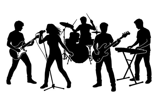 Silhouette of diverse young adults performing in a dynamic rock band.