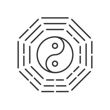 Bagua linear icon. Harmony of elements. Spirituality and cosmology. Feng shui. Yin yang amulet. Thin line customizable illustration. Contour symbol. Vector isolated outline drawing. Editable stroke