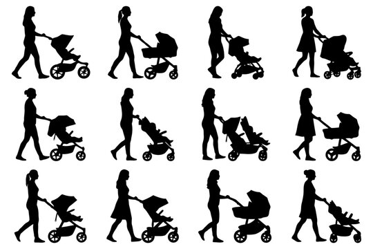 Silhouettes of women with strollers walking - various poses and styles.