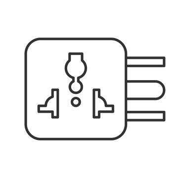 Travel adapter linear icon. International universal plug. Global outlet. Electricity supply. Thin line customizable illustration. Contour symbol. Vector isolated outline drawing. Editable stroke