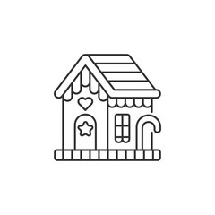 Naklejka premium Gingerbread house linear icon. Festive treat. Christmas holiday dessert. New Year candy. Thin line customizable illustration. Contour symbol. Vector isolated outline drawing. Editable stroke