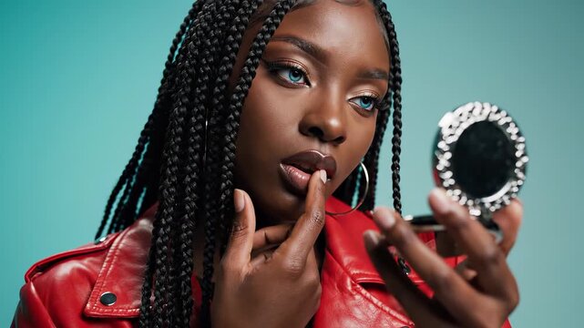 Young woman applying makeup in vibrant setting. She uses mirror to enhance beauty. Confident atmosphere promotes self-expression and individuality.