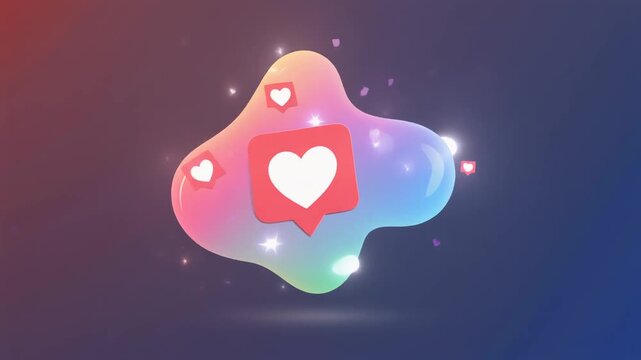 liquid morphing like & notification animation, heart and bell icons forming fluid shapes with smooth morph transitions, glowing highlights and subtle particle bursts, modern social media UI style, sea