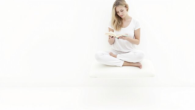 Young woman in white robe, reading with legs crossed and back against wall.