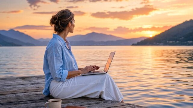 Female digital nomad sitting on wooden pier at sea working on internet remotely at sunset.
