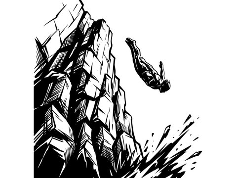 Dramatic black and white illustration depicts a person in mid air falling from a sharp, rocky cliff face. The figure is positioned horizontally, arms and legs extended, indicating a sudden plunge