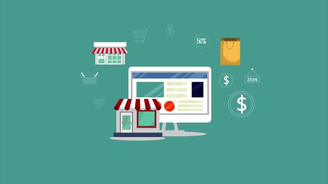 E-commerce business concept on a computer screen with online store and shopping icons floating around.