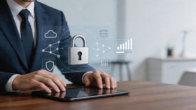 Businessman using tablet cyber security concept digital lock cloud computing data protection internet safety shield icon server database chart graph network nodes connection