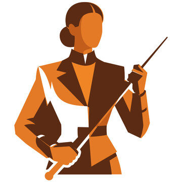 Stylized illustration of a woman in suit holding a riding crop. A modern vector graphic of a woman in a sharp suit or uniform, holding a whip or riding crop. Domina