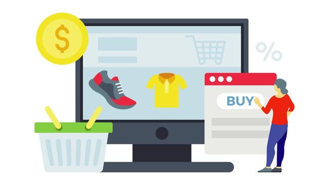 Person shopping online with computer and shopping cart nearby, selecting items