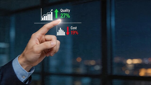 Businessman interacting with digital hologram showing upward quality chart and downward cost chart optimization strategy concept