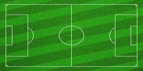 Naklejka premium The image shows a top-down view of a soccer pitch with a vibrant green, striped grass texture. It features clear white markings that detail all the essential zones and lines for a football match.
