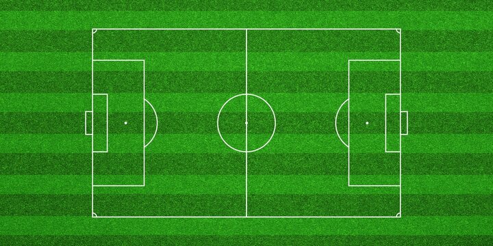 The image shows a top-down view of a soccer pitch with a vibrant green, striped grass texture. It features clear white markings that detail all the essential zones and lines for a football match.