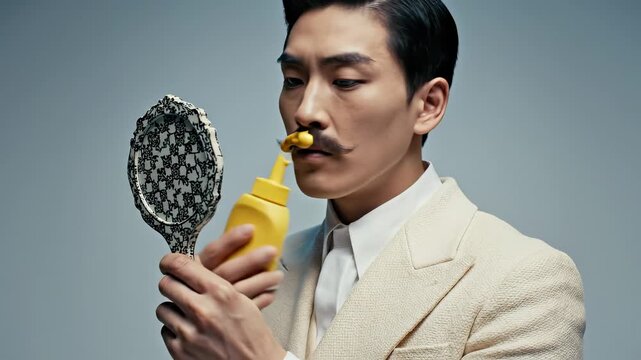 Creative man applies mustard to mirror for unique grooming look. Stylish fashion statement showcases humor and personality. Trendy atmosphere highlights modern grooming techniques.