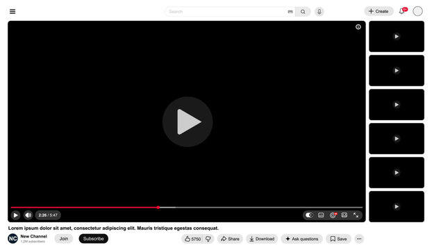 Black and white video player template with side playlist for web and mobile apps flat style. Vector illustration