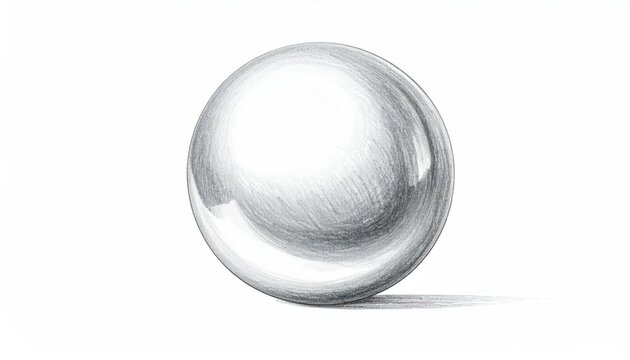 Detailed pencil drawing of a shiny metallic sphere with realistic highlights and cast shadow on white background