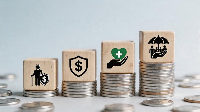 Business finance concept wooden blocks on money coins stacks growth chart security protection shield symbol elderly pension plan icon savings fund health insurance medical care