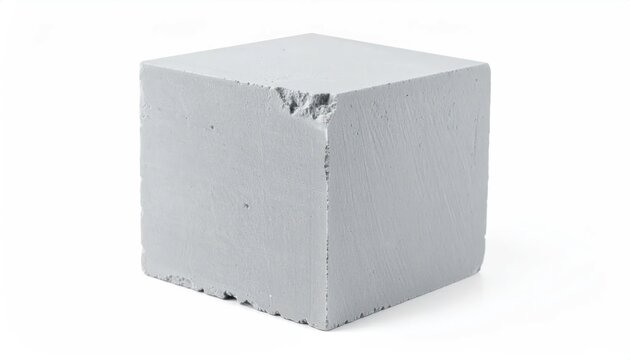 Gray concrete cube with rough edges and chipped corner on white background studio shot