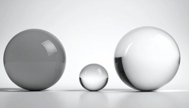 Three glass spheres of different sizes and opacities on a light gray surface