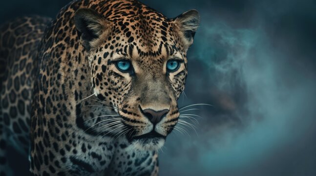 Leopard with intense blue eyes gazes forward. Spotted feline emerges from mystic teal smoke. Predator face shows fierce power and stealthy hunting nature. Wild animal portrait.