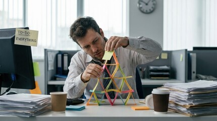 Fototapeta na wymiar Office worker building a house of cards with sticky notes, procrastination, workplace pressure and playful stress concept for editorial storytelling, mental health campaigns and business culture